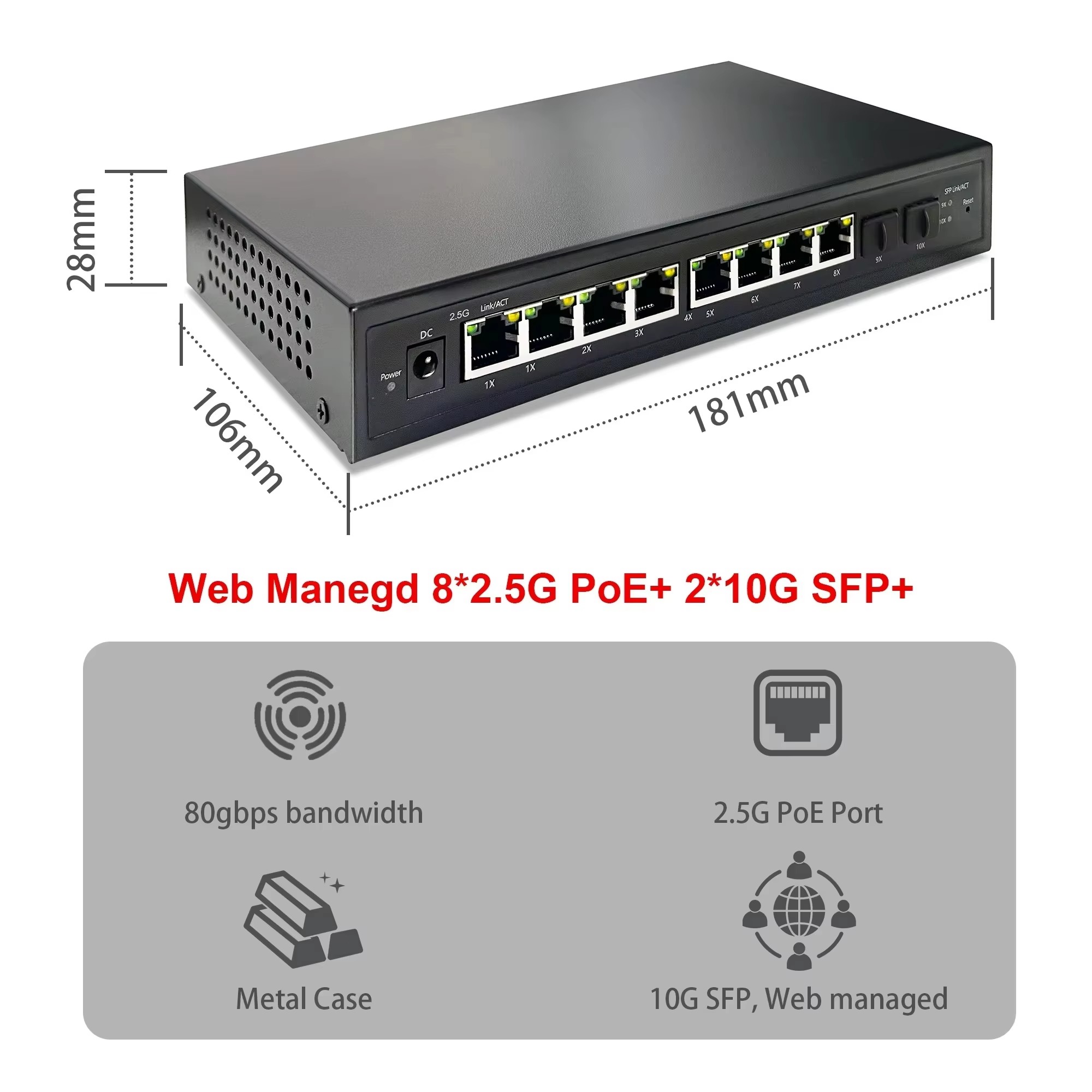 Sfp+ 10G Managed Switch 8 Port - محول شبكة ذكي 2.5G مع إدارة